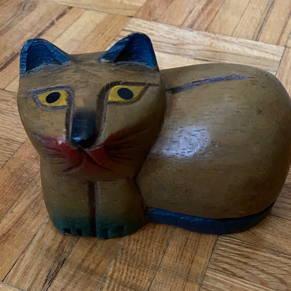 Handcrated hand carved Hand painted vintage Wooden Cat Kitty Figurine
